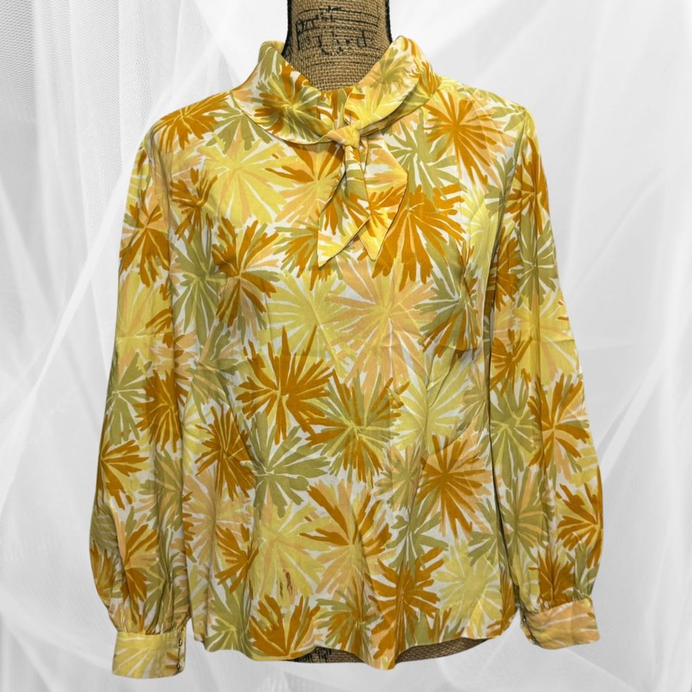 70s Retro/Vintage Floral Blouse - M/L - Yellow and Orange